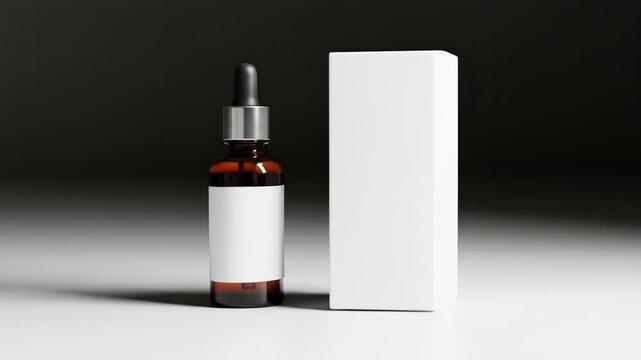 A dark glass bottle with a white label and a dropper cap sits beside a white rectangular box on a light surface against a dark background