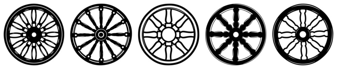 Vintage wooden wagon wheel icon set Old west cart wheels collection for logo design Vector illustration © Aisha Kudorova