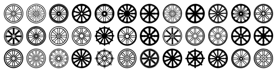Big collection of wheel icons Set of various wagon cart and ship helm symbols Vector silhouette and outline illustration © Aisha Kudorova