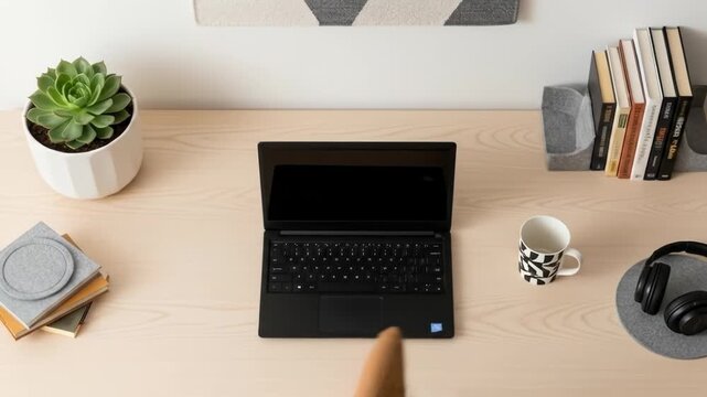 A cluttered wooden desk with a laptop, books, and decorative items