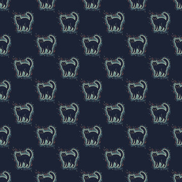 Adorable seamless pattern featuring whimsical black cats with glowing yellow eyes and curly tails on a deep navy background