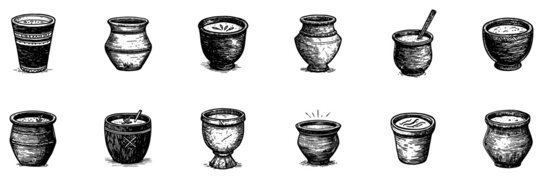 Set of hand drawn clay pots and cups Vintage sketch collection of ancient pottery bowls and medieval goblets Vector illustration