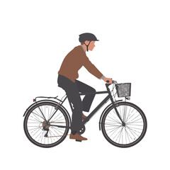 A man riding a bicycle with a basket on a white background