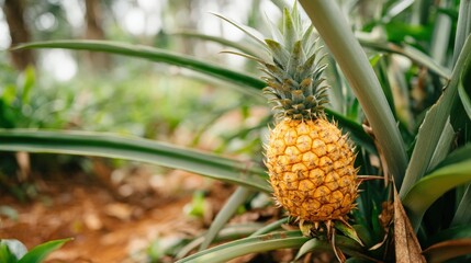 Fototapeta premium Ripe pineapple growing on tropical plant surrounded by green leaves in natural agricultural setting