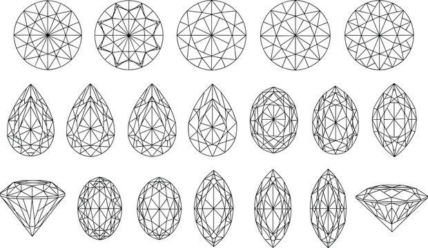 Diamond gemstone shapes collection line art set with round oval pear and marquise cuts, jewelry gem outline vector illustration