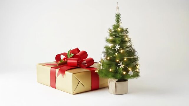 A wrapped gift with a red ribbon and bow sits beside a small, lit Christmas tree on a white surface