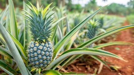 Obraz premium Close-up of young pineapple fruit growing in tropical field with lush green spiky leaves