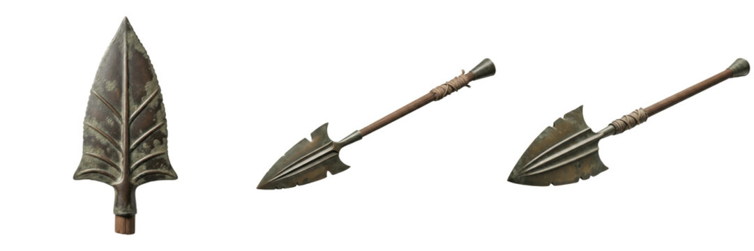 Set and collection of ancient iron arrowhead spear tips with rustic metal texture isolated on white transparent png background