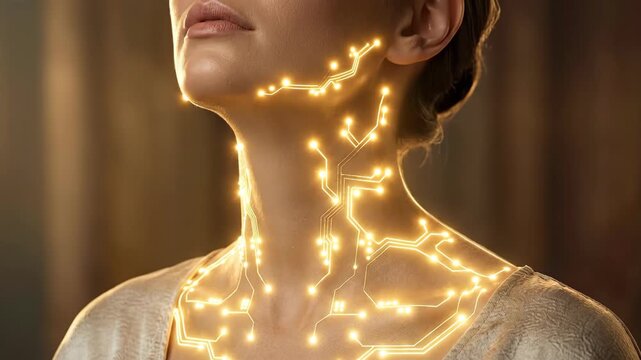 Womans face transforming with glowing golden neural patterns. Digital energy circuits emerging on skin and neck. Cyber beauty and futuristic illumination concept.