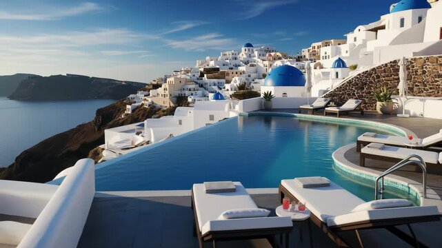 A serene infinity pool overlooking the ocean with white lounge chairs and buildings