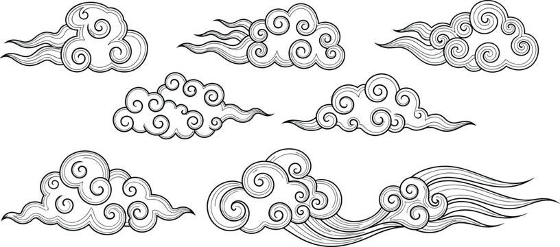 Traditional Asian cloud patterns collection in decorative line art style, swirling oriental sky clouds illustration set isolated on white background