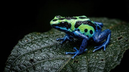Obraz premium Vibrant blue and green poison dart frog on a dark green textured leaf