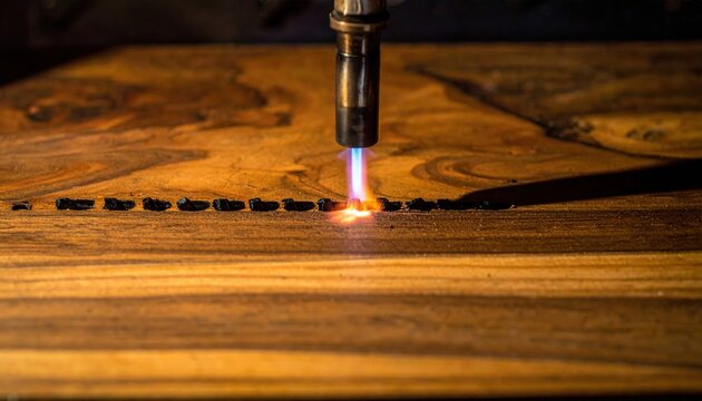 Close-up of a wood burner's flame meticulously creating a delicate line of pyrography on a wooden surface.