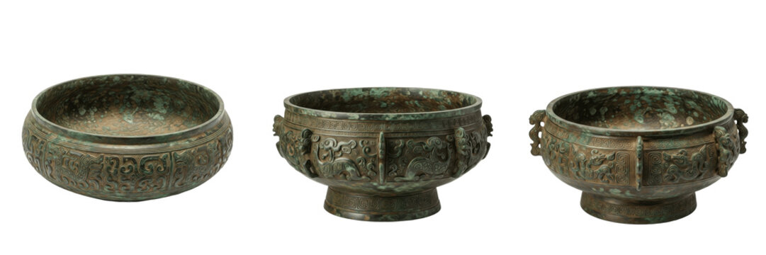 Set and collection of ancient Chinese bronze bowls, antique ritual vessel cauldrons, and ornate metal artifacts isolated on white transparent png background.