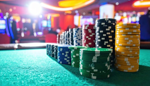 Meticulously stacked colorful casino chips arranged in neat rows on a green felt table within a brightly lit gambling establishment.