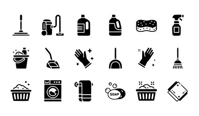 Home Cleaning Tools Solid Icon Collection with Mop Vacuum Detergent Laundry and Housekeeping Symbols © Kazi