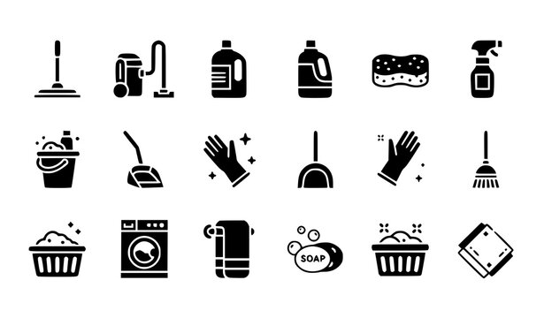 Home Cleaning Tools Solid Icon Collection with Mop Vacuum Detergent Laundry and Housekeeping Symbols