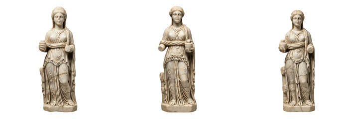 Obraz premium Set and collection of ancient classical marble female statues and weathered greek goddess figurines with traditional drapery isolated on white transparent png background
