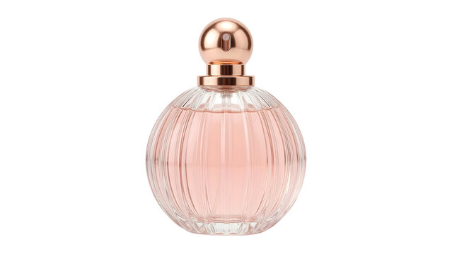 Elegant Pink Round Perfume Bottle with Rose Gold Cap Isolated on Transparent Background, Luxury Women Fragrance and Beauty Product for Cosmetic Design