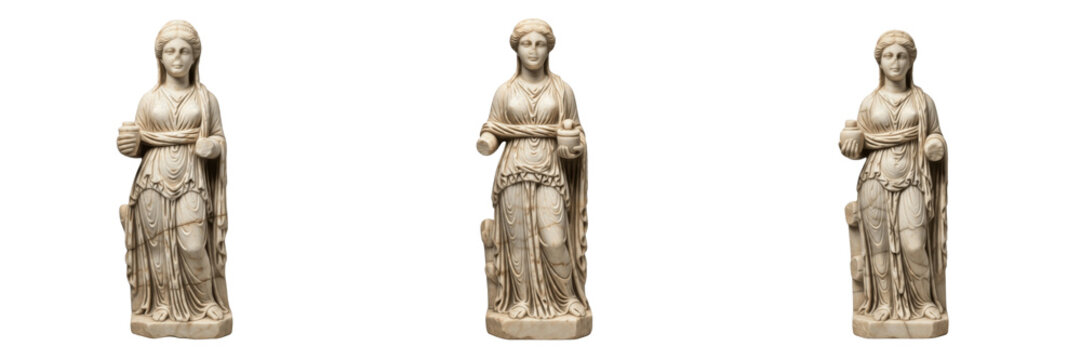 Set and collection of ancient classical marble female statues and weathered greek goddess figurines with traditional drapery isolated on white transparent png background