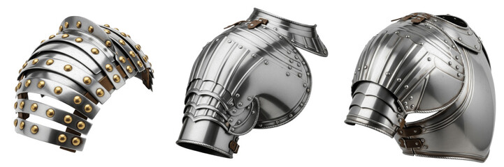 Set and collection of medieval knight plate armor pauldrons and steel shoulder guards with brass...