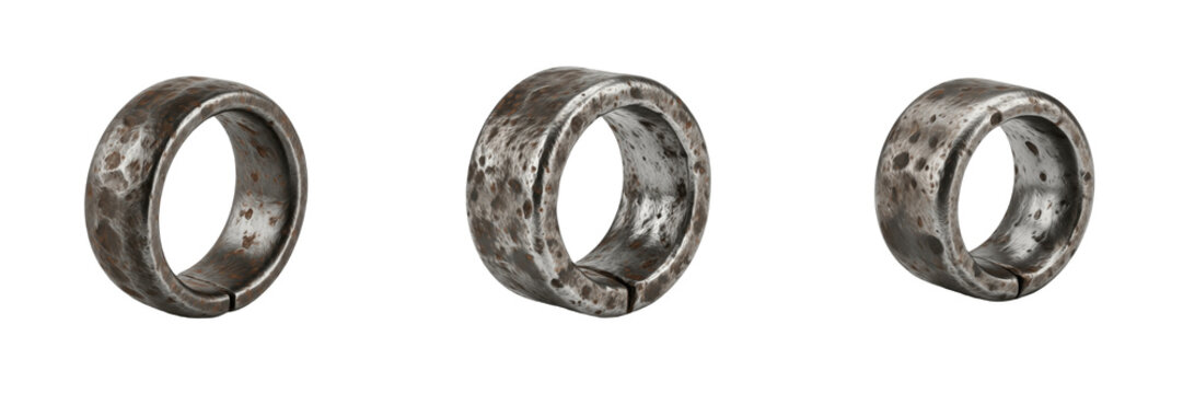 Set and collection of ancient weathered metal ring bands and primitive iron hoop artifacts with hammered texture isolated on white transparent png background