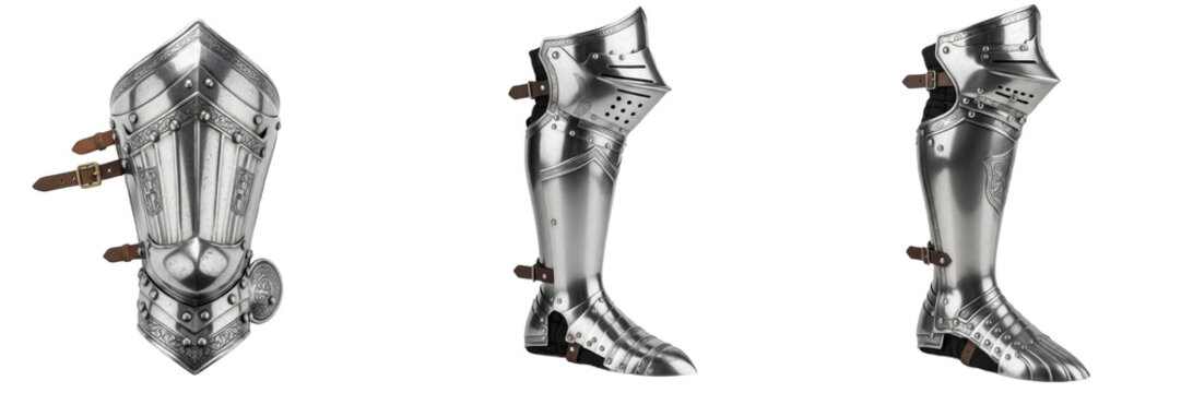 Set and collection of medieval knight plate armor leg guards including greaves and sabatons for foot and shin protection isolated on white transparent png background
