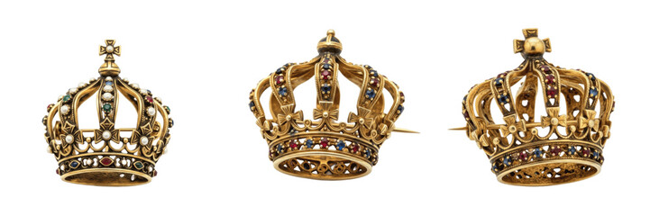 Set and collection of luxury royal golden crowns and majestic tiaras with ruby sapphire and emerald gemstones for queen isolated on white transparent png background © Ready player