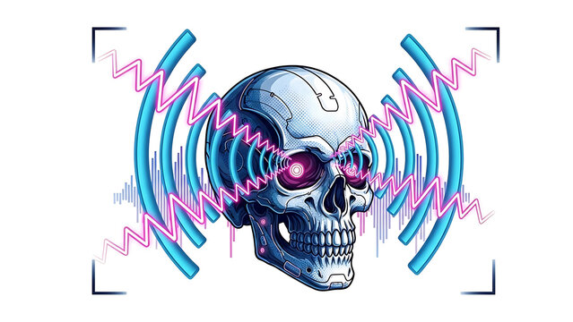 Glowing skull with pink eyes and blue sound waves