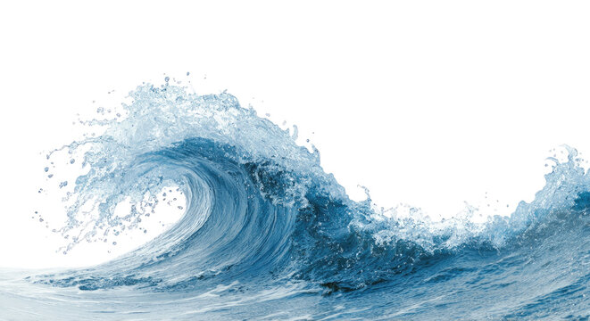 Powerful ocean wave PNG isolated on transparent background, turquoise water curl with foam for surfing and marine themed designs