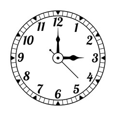 Classic clock face showing three o'clock, vintage wall clock icon with serif numbers, black and white vector timepiece illustration