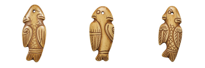 Set and collection of ancient ivory fish pendants with hand-carved details and primitive tribal craftsmanship isolated on white transparent png background © Ready player