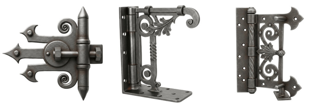 Set and collection of vintage wrought iron door hinges and decorative ornate metal gate hardware with gothic scrollwork designs isolated on white transparent png background