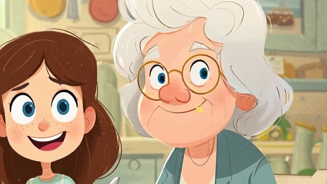 Funny smiling grandmother with glasses enjoying a happy moment with her daughter, son, and granddaughter in a cheerful cartoon style illustration