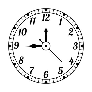 Classic clock face showing nine o'clock, vintage wall clock icon with serif numbers, black and white vector timepiece illustration