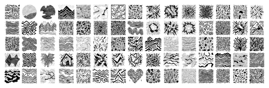Big collection of hand drawn abstract textures Vector set of monochrome grunge backgrounds and patterns