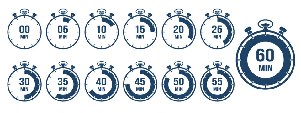 Blue stopwatch timer icon set showing 5 to 60 minute intervals, countdown chronometer collection, navy vector symbols