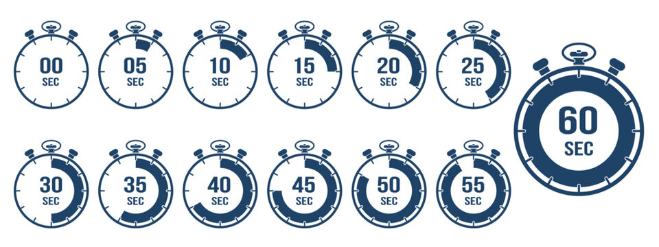 Blue stopwatch timer icon set showing 5 to 60 second intervals, countdown chronometer collection, navy vector symbols