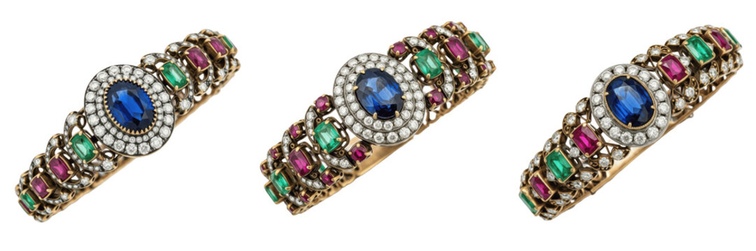 Set and collection of luxury royal golden bracelets with large blue sapphire diamonds emeralds and rubies precious gemstones jewelry isolated on white transparent png background