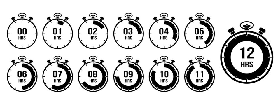 12 hour stopwatch timer icon set, black and white countdown chronometer collection from 1 to 12 hours, vector time tracking symbols