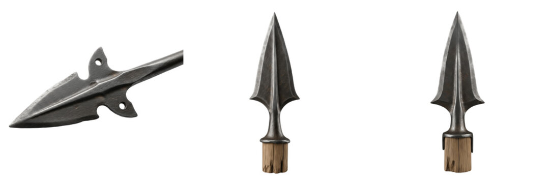 Set and collection of medieval iron arrowhead and spearhead tips for archery and hunting sharp steel weaponry isolated on white transparent png background