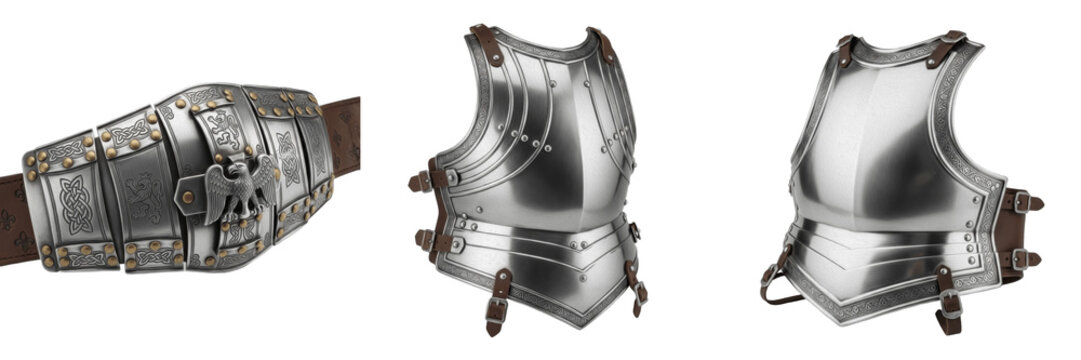 Set and collection of medieval steel knight breastplate armor and silver warrior cuirass with leather straps isolated on white transparent png background