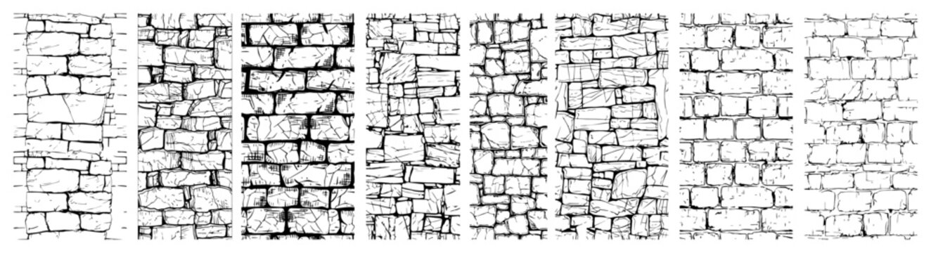 Stone wall texture vector sketch set Hand drawn collection of brick and rock backgrounds