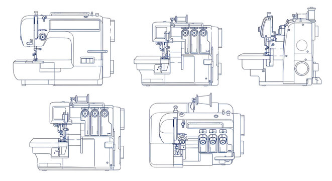 Sewing Machine and Overlocker CAD Blueprint Vector &ndash; Textile Equipment Technical Multiview Blue Outline Drawing