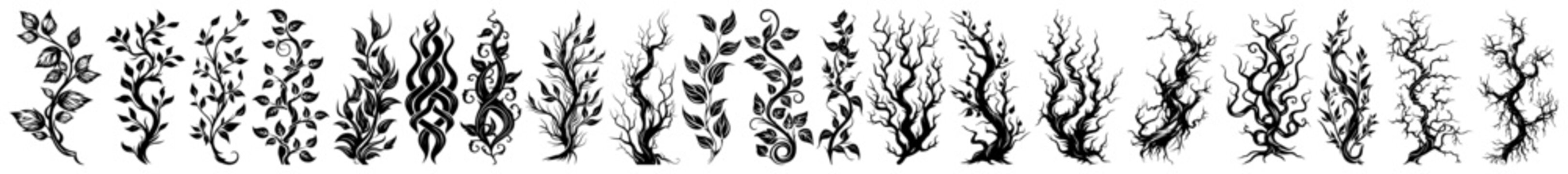 Hand drawn vine and branch vector set Collection of fantasy tree roots thorns and tribal tattoo elements