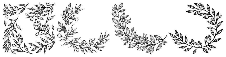 Set of hand drawn floral wreaths and corners Collection of botanical borders for wedding invitation or logo design Vector sketch illustration © Aisha Kudorova