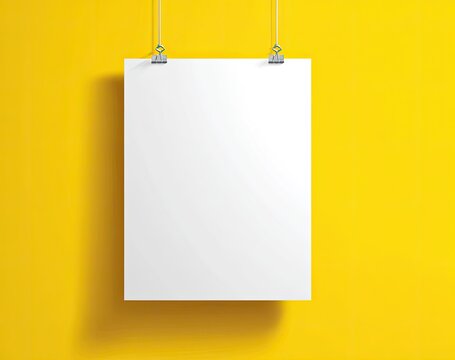 Blank white poster hanging with binder clips against a bright yellow textured wall