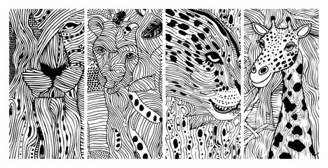 Safari Animal Portraits Line Art Set Lion Leopard Giraffe Abstract Doodle Vector © Aisha Kudorova
