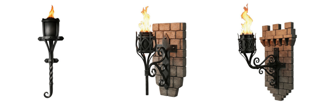 Set and collection of medieval castle wall torch with burning fire flame and wrought iron bracket on brick stone isolated on white transparent png background