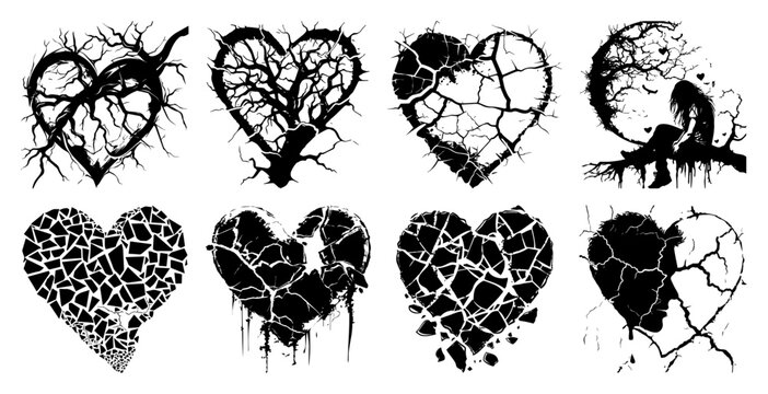 Set of broken heart silhouettes Collection of cracked grunge and shattered love symbols for heartbreak design Vector illustration